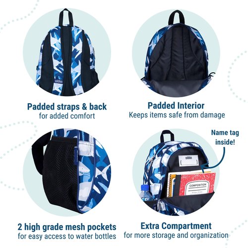 Wildkin 15-inch Kids Backpack Bundle with Two-Compartment Lunch Bag – Durable, Lightweight School & Travel Set for Kids - Sharks