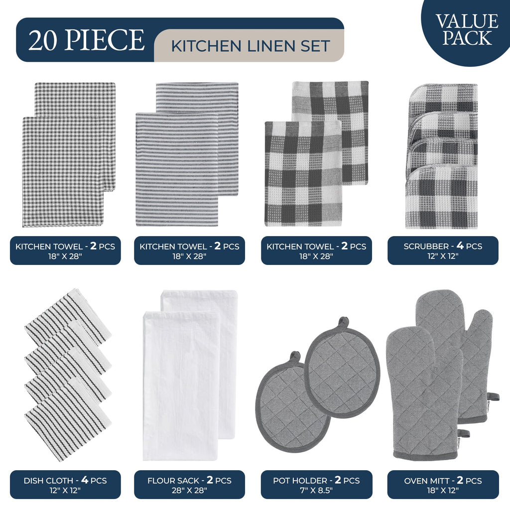 LANE LINEN Kitchen Towels and Dishcloths Sets - 20 Pc Kitchen Essentials for New Home, Heat Resistant Oven Mitts & Pot Holder, Absorbent Flour Sack Dish Towels- Grey