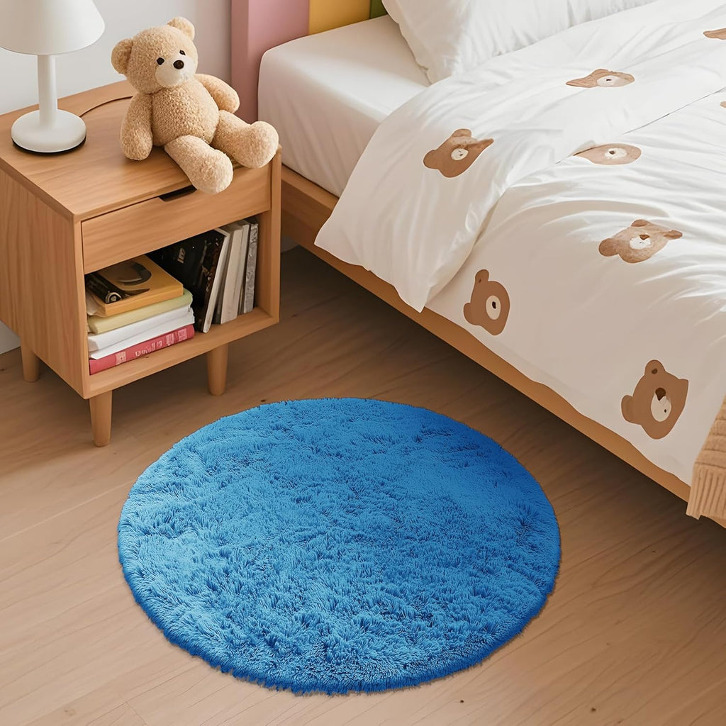 OLANLY Bright Blue Round Rug - Soft, Fluffy Shaggy Carpet | 2 ft Machine Washable Area Rug for Bedroom & Living Room