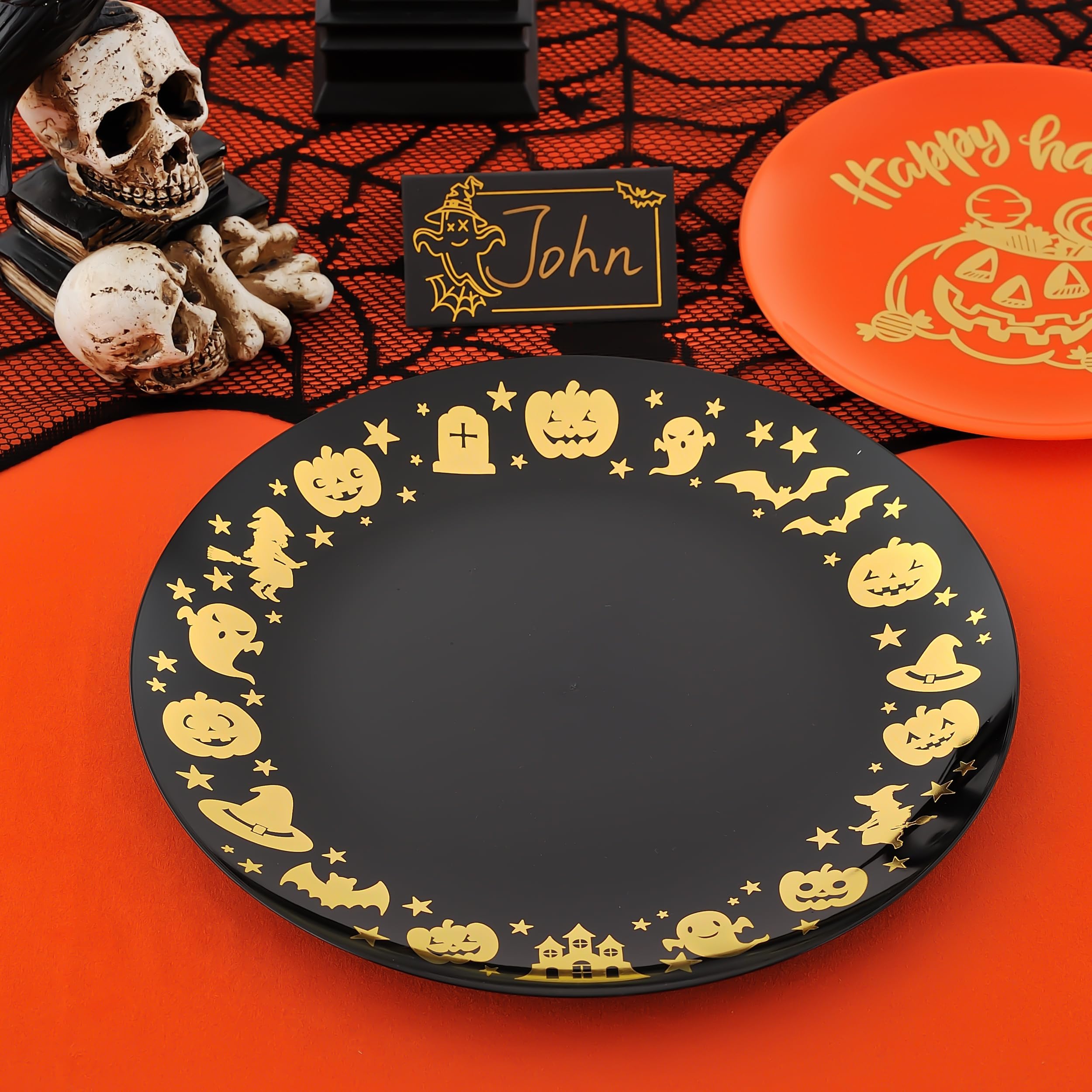 ISFANGCO 175Pcs Halloween Plastic Spoof Dinnerware Set for 25 Guests, 25 Black Plastic Dinner Plates, 25 Pumpkin Orange Dessert Plates, 25 Gold Boo Black Cups, 25 Gold Silverware Set and Cards