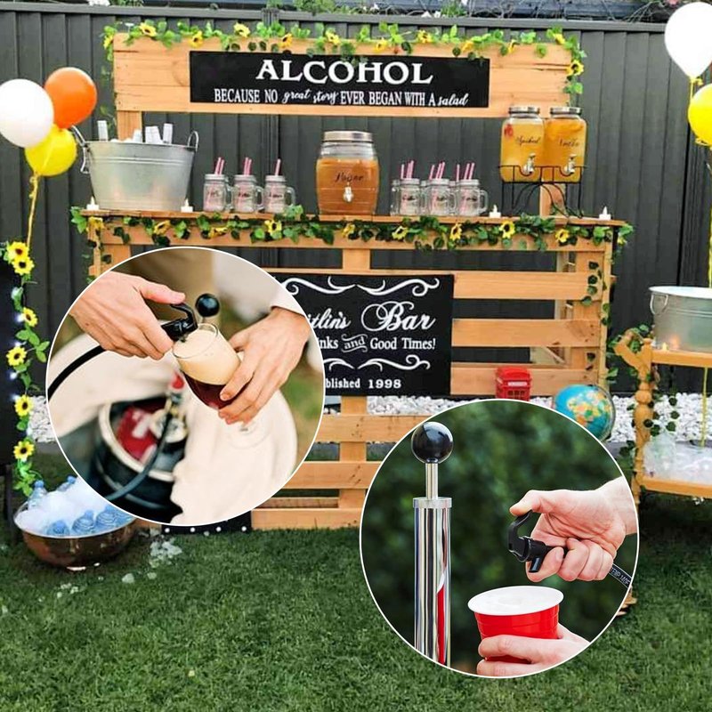 8" Keg Tap Pump - American D-System Beer Keg Tap, Party Beer Keg Hand Pump Tap Kit, Beer Picnic Tap Dispenser for Home Bar, Kegerator Beer Pump with 2 Beer Faucet, Beer Hose and 2 Hose Clamps