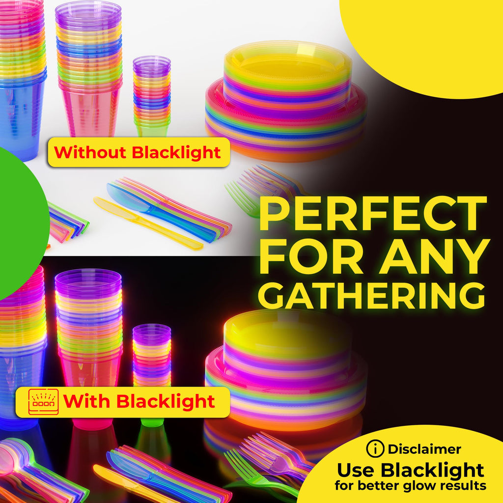 360 PCS Neon Party Combo Pack - 60 9" Plates, 60 7" Glow Plates, 60 12oz Cups, 60 Cutlery Sets - Blacklight Disposable Tableware