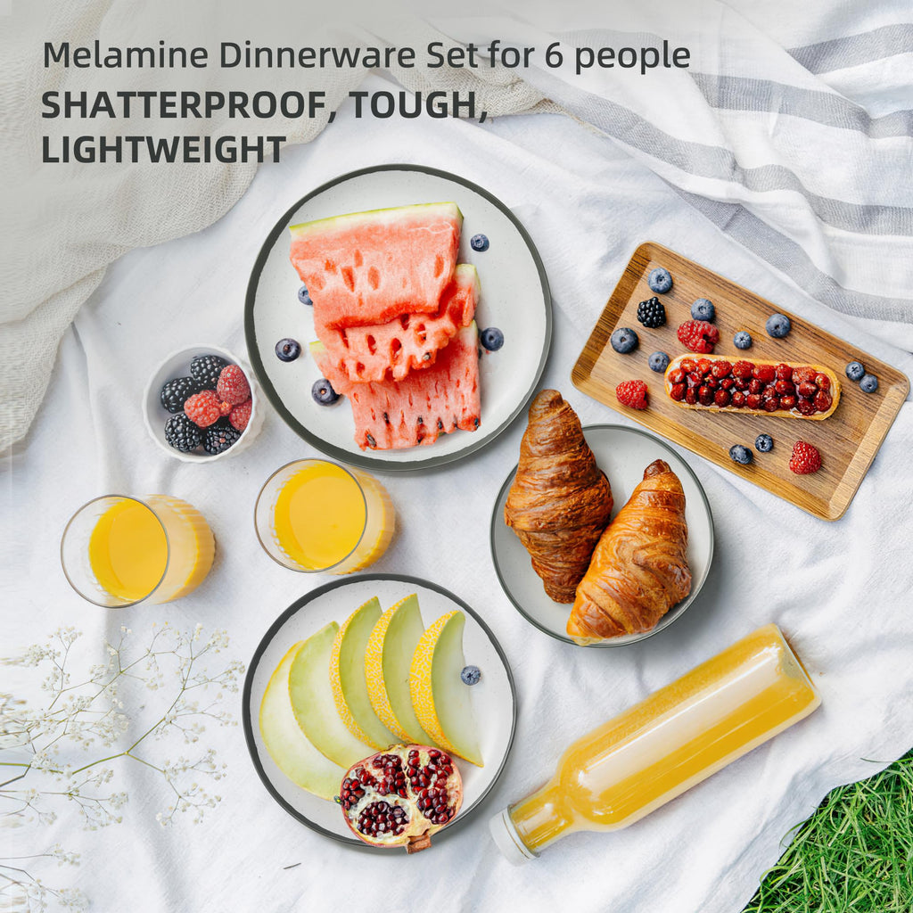 Joviton HOME 18PCS Grey Rim Vintage Melamine Plastic Dinnerware Set for 6 Outdoor Plates and Bowls Sets, Dishes Set