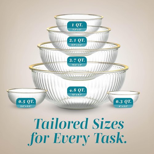 Cook With Color 12-Pc Glass Mixing Bowl Set - Borosilicate Nesting Bowls with Lids & Gold Rim