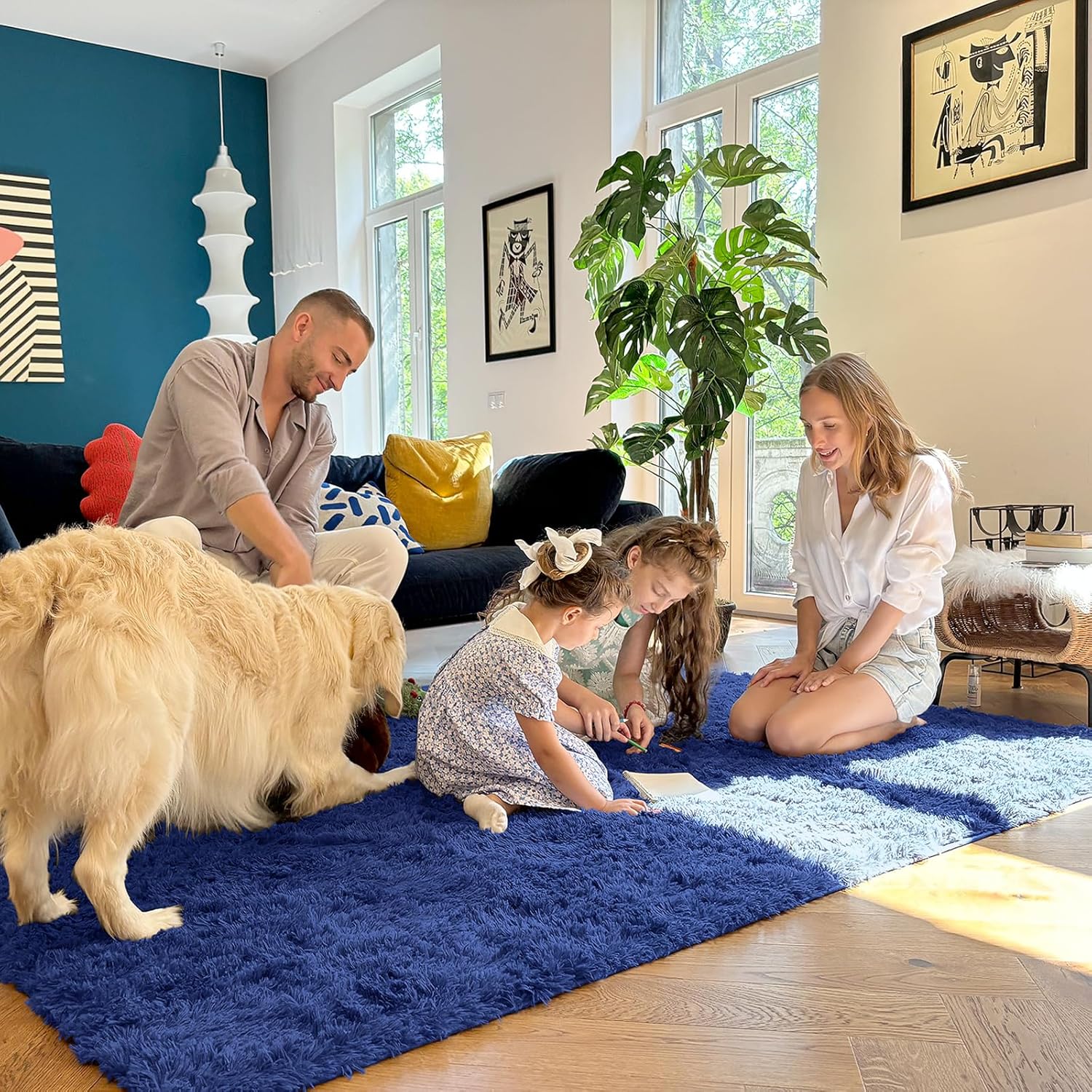 OLANLY Soft Fluffy Shaggy Bedside Rug - Machine Washable 3x3 Navy Blue Carpet for Kids & Nursery Decor
