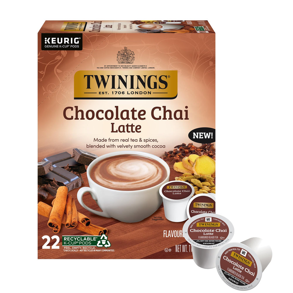 NEW Twinings Chocolate Chai Latte Tea K-Cup Pods for Keurig, 22 Count (Pack of 1), Velvety Smooth Cocoa with Real Spiced Tea, Caffeinated, Enjoy Hot or Iced