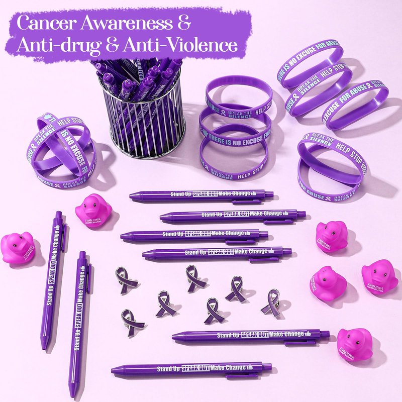 JellyArch 245 pcs Domestic Violence Awareness Accessories Gifts Bulk Purple Ribbon Pins, Bracelets, Pens, Ducks, for Cancer Awareness Month in October Against Violence Event Supplies