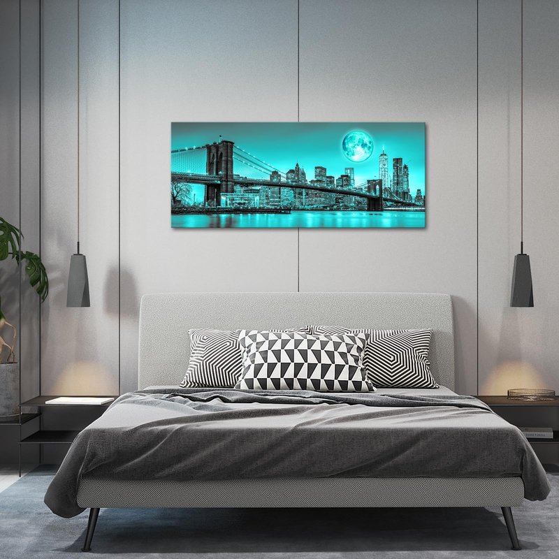 iKNOW FOTO Black White New York Canvas Prints Full Moon Night in Manhattan Picture Brooklyn Bridge Wall Art Modern Gallery Wrapped Canvas Print for Home and Office Decoration 20x48 Inches (Teal)