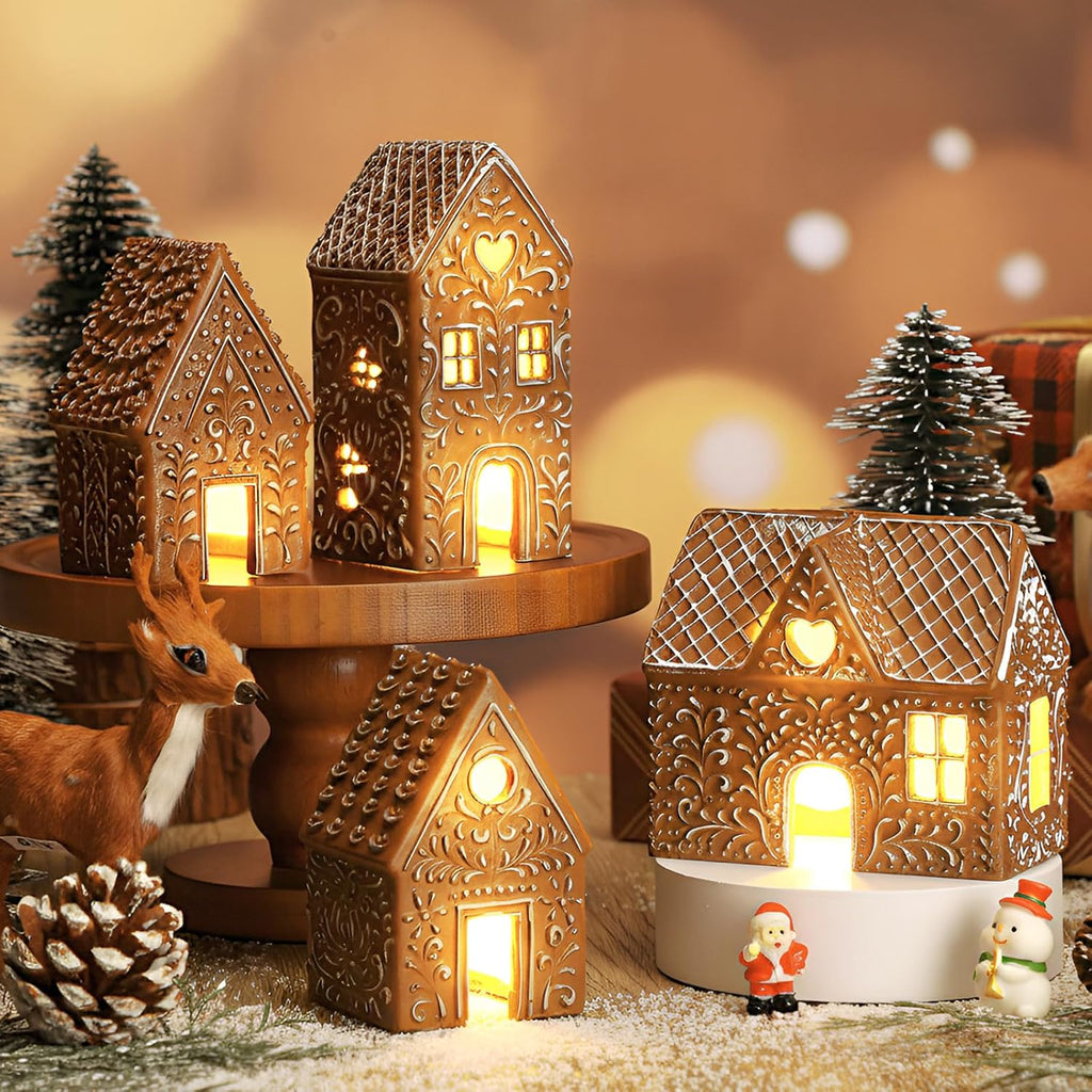 Thyle Christmas Lighted Gingerbread House Figurine - 4 Pcs Resin Village Decor with LED Lights