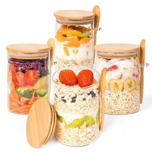 Overnight Oats Containers with Lids,4 Pack 18oz Overnight Oats Jars with Spoons,Salad Meal Prep Jar with Bamboo Lids for Chia Seed Pudding Salad Cereal Coffee Flour,Sourdough Starter Jar for Bread