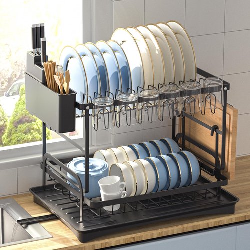 YSCGRICH Dish Drying Rack, 2 Tier Dish Racks for Kitchen Counter, Stainless Steel Dish Rack with Drainboard for Kitchen Counter, Kitchen Organizers and Storage Rack with Removable Utensil Holders
