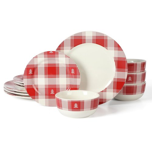 Martha Stewart Christmas Plates 12 Piece Decorated Red and White Stoneware Dinnerware Set