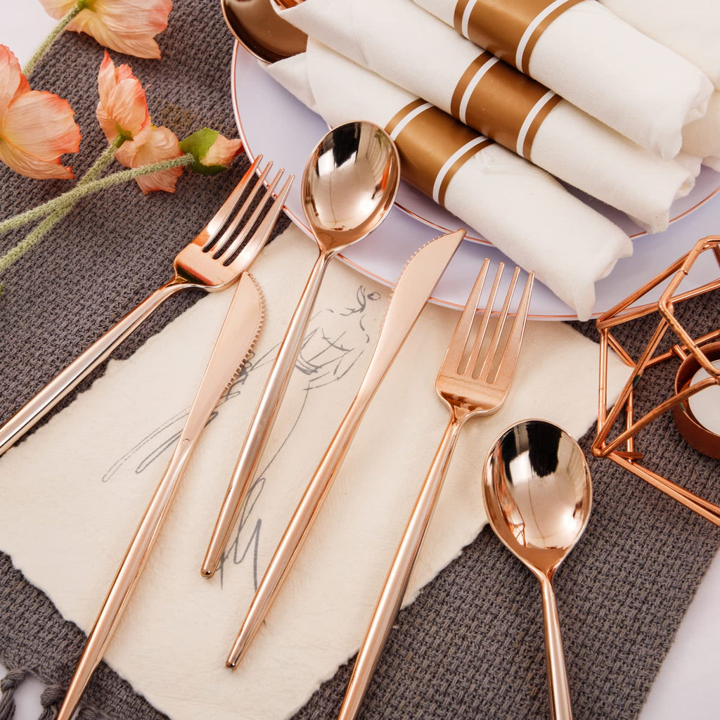 LUODA 350PCS Rose Gold Plastic Plates, Rose Gold Dinnerware Sets include：100 Party Plates, 50 Pre-Rolled Napkins with Rose gold Silverware and 50 10OZ Plastic Cups,Idea for Party
