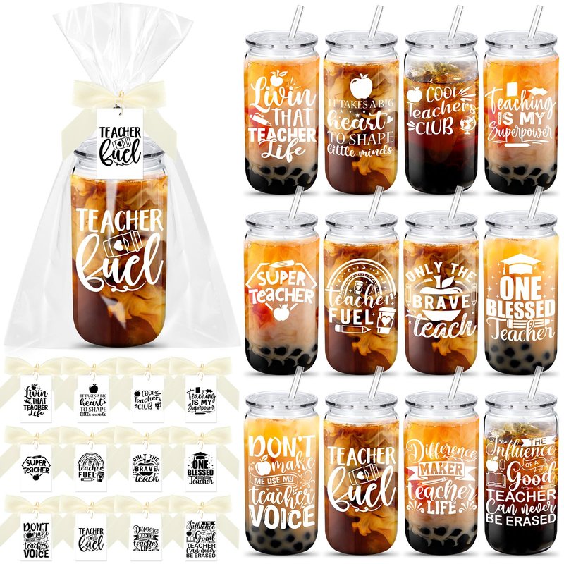 Teenyyou 12 Set Teacher Appreciation Gifts Bulk, 16 oz Thick Plastic Cups Reusable with Straws and Lids, Gift-Ready Packaging, Thank You Teacher Presents for End of Year(Classic)