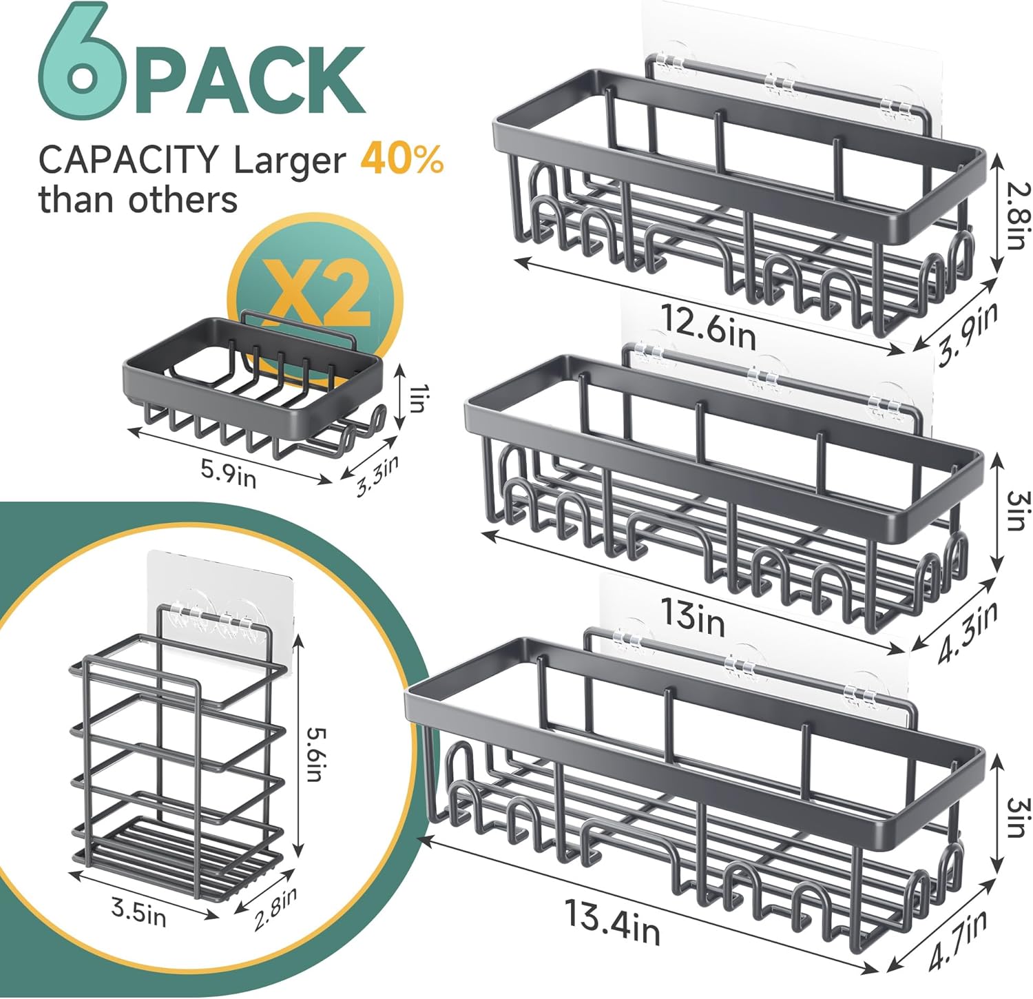 Veken Shower Caddy - Rustproof & Waterproof 6-Pack | No-Drill Adhesive Shelves, Large Capacity, Dark Grey