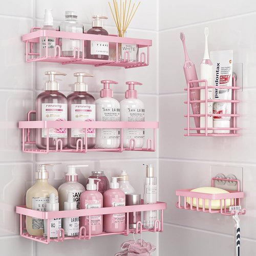 Liuoud Shower Caddy Organizer - 5 Pack Rustproof Stainless Steel Wall Storage Baskets | Pink Decor Set