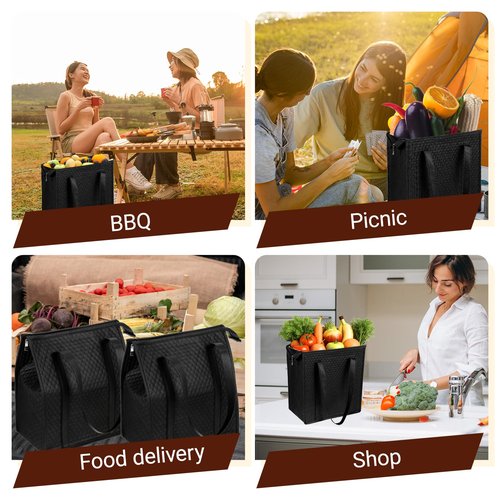simarro 4 Pack Insulated Grocery Bags, Reusable Shopping Bags Cooler Bag Thermal Totes with Zippered Top & Handle for Groceries & Food Delivery (Black)