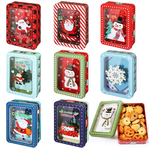 Tioncy 8 Pcs Christmas Cookie Tins with Lids Large Cookie Boxes Metal Empty Tins Santa Tinplate Xmas Gift Box for Christmas Holiday Candies Treats Storage Container (Novel)