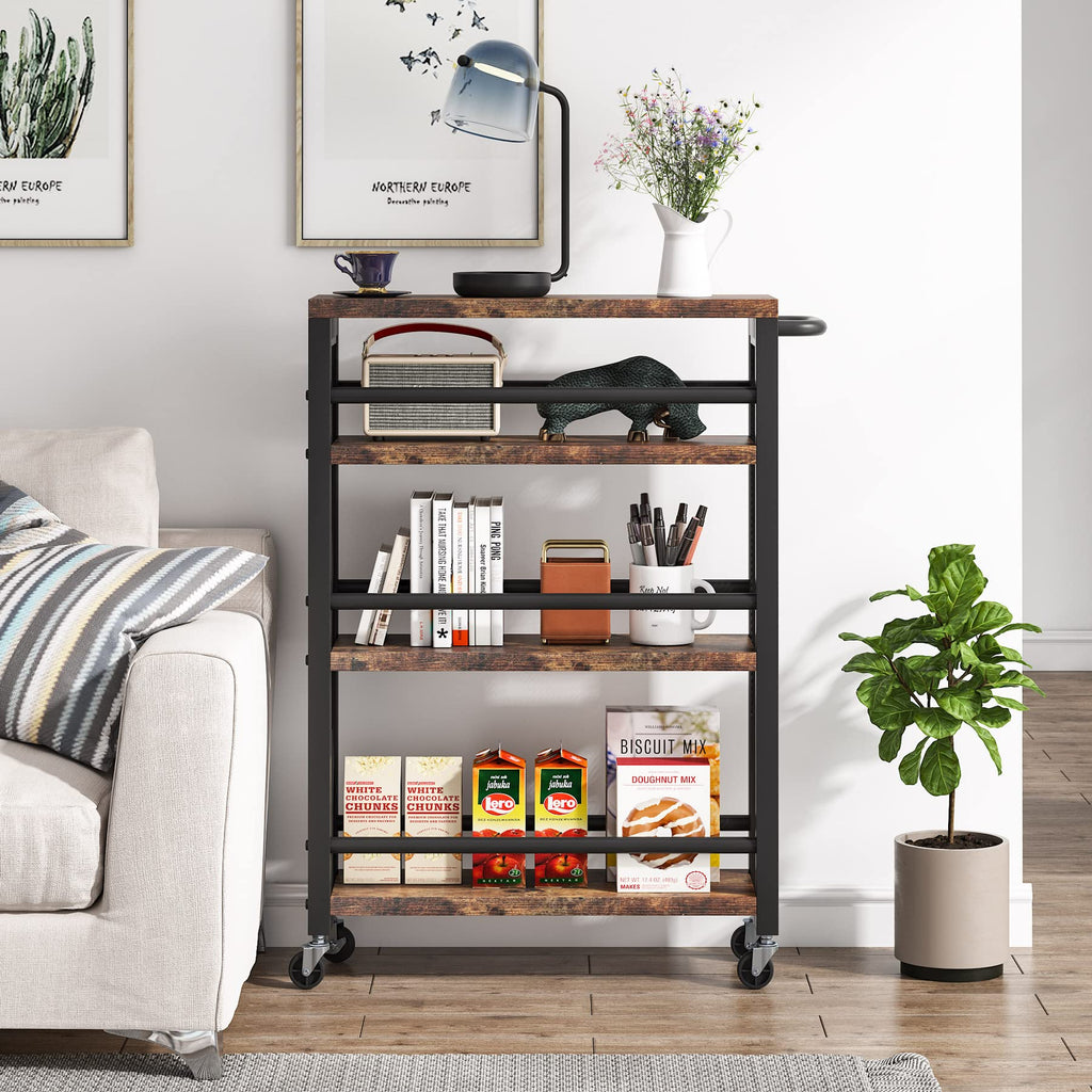 Tribesigns Slim Rolling Utility Carts with Wheels,4-Tier Narrow Kitchen Trolley Cart for Small Space,Wood Spice Storage Rack