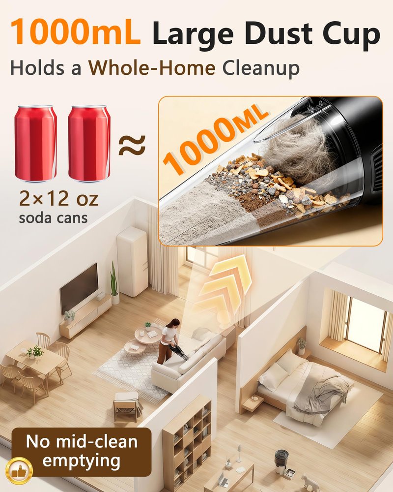 Handheld Vacuum Cordless Rechargeable with Charging Dock - 16000Pa Ultra-Strong Suction, Portable & Lightweight, Fast Charging, LED Light, 1000ML Super-Large Dust Cup, Long Battery Life for Home