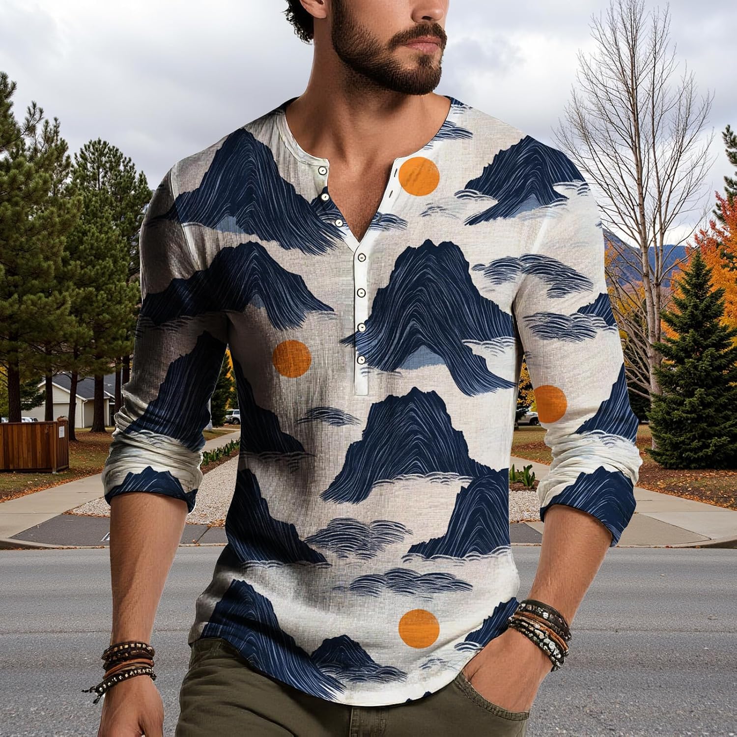 Skiennix Men's Long Sleeve Henley Shirt - Lightweight Floral Print V-Neck Casual Top