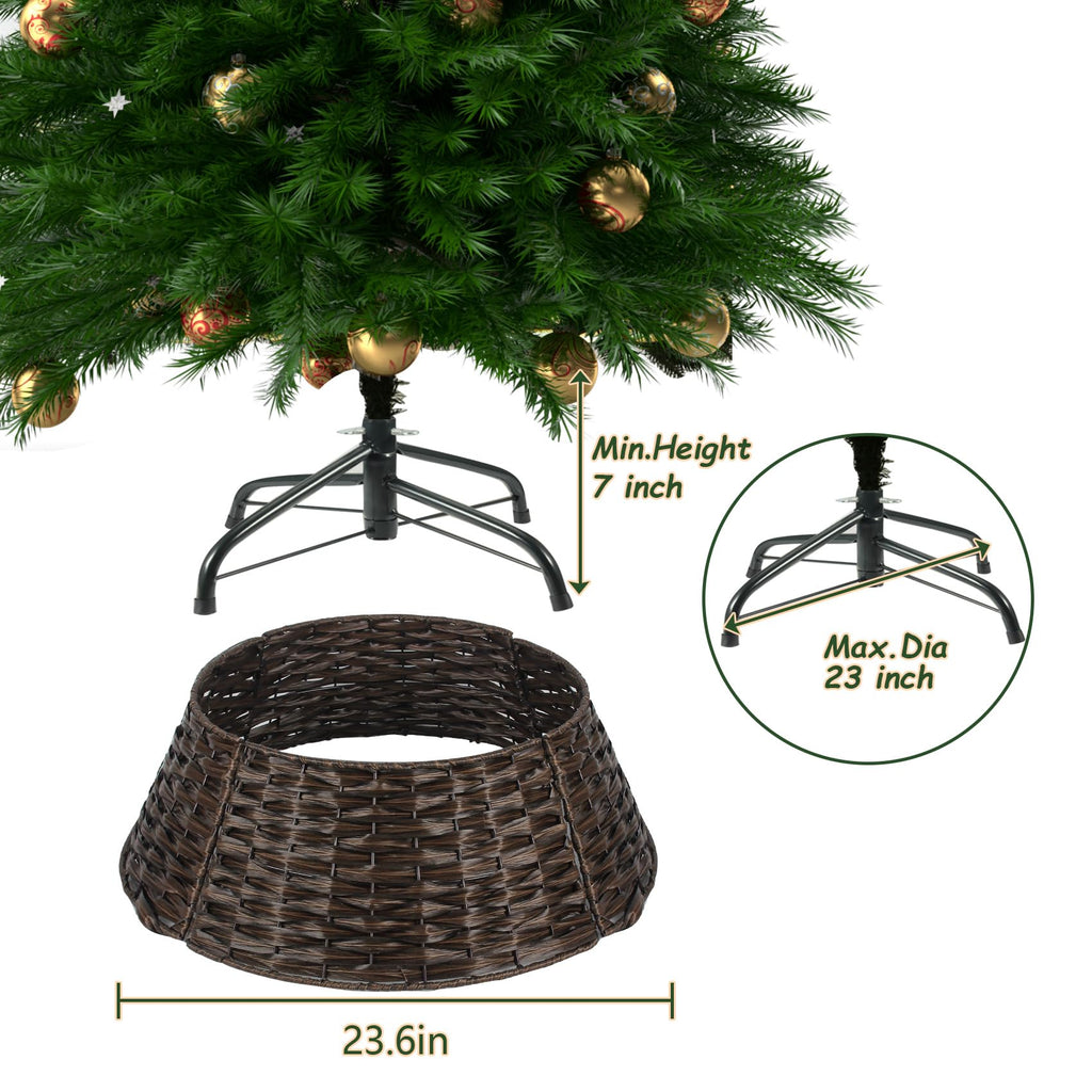 Christmas Tree Collar 23'' D Handmade Artificial Rattan Wicker Tree Collar Basket Christmas Woven Tree Ring Stand Base Cover for Holiday Decoration-Round Brown