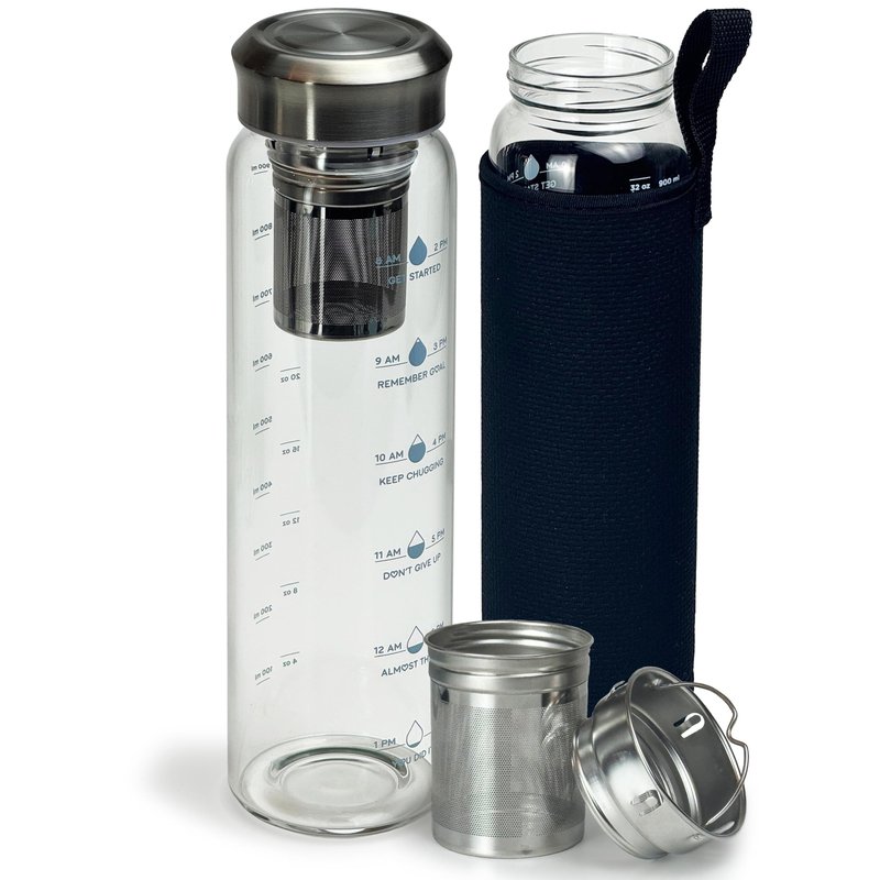 Xaeiglas Motivational Glass Water Bottle 32 oz Borosilicate with Neoprene Sleeve and Stainless Steel Lid