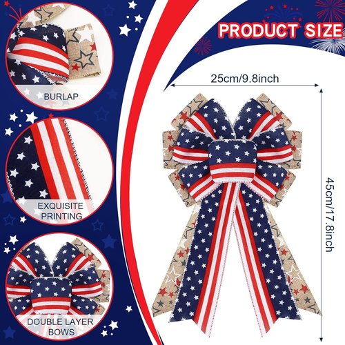 Jutom Patriotic Bow Wreath - Red, White & Blue Star Burlap Design for 4th of July & Veterans Day Decor