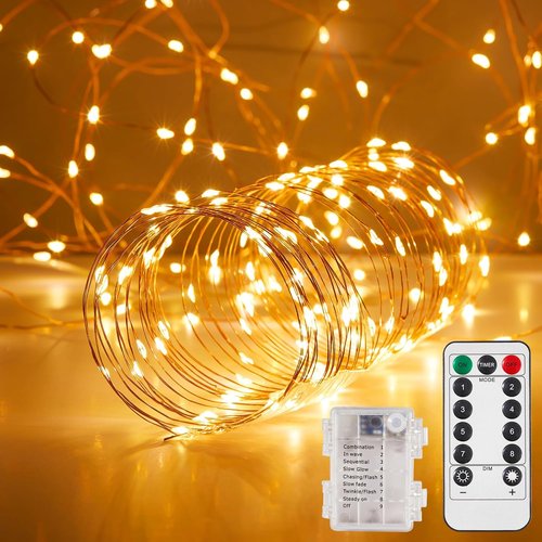 Ariceleo Outdoor String Lights - 65.6 Ft Battery Operated LED Fairy Lights with Remote & Timer | Waterproof Warm White Twinkle Lights for Parties & Weddings