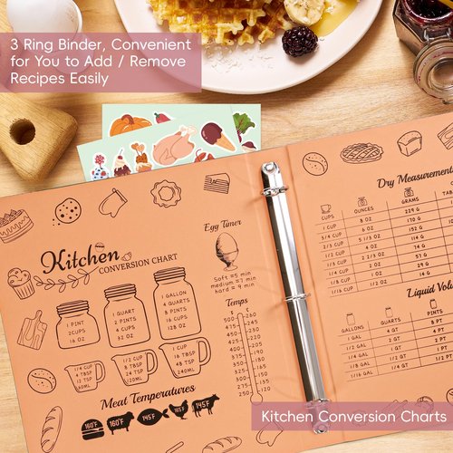 Recipe Binder with PU Leather Cover, Full Page Recipe Book to Write in Your Own Recipes, 8.5x11 3 Ring Recipe Journal with Plastic Sleeves, Blank Cards, Dividers, Labels & Stickers