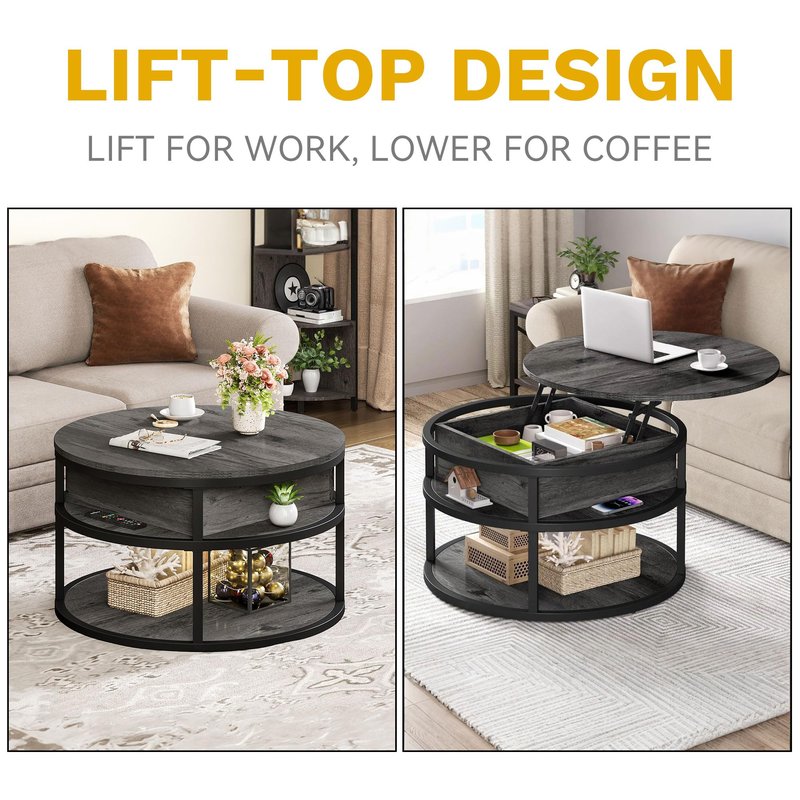 DWVO Round Coffee Tables for Living Room, Lift Top Coffee Table with Storage, Farmhouse Wood Coffee Table, Circle Small Coffee Tables Living Room for Home Decir Office, Grey