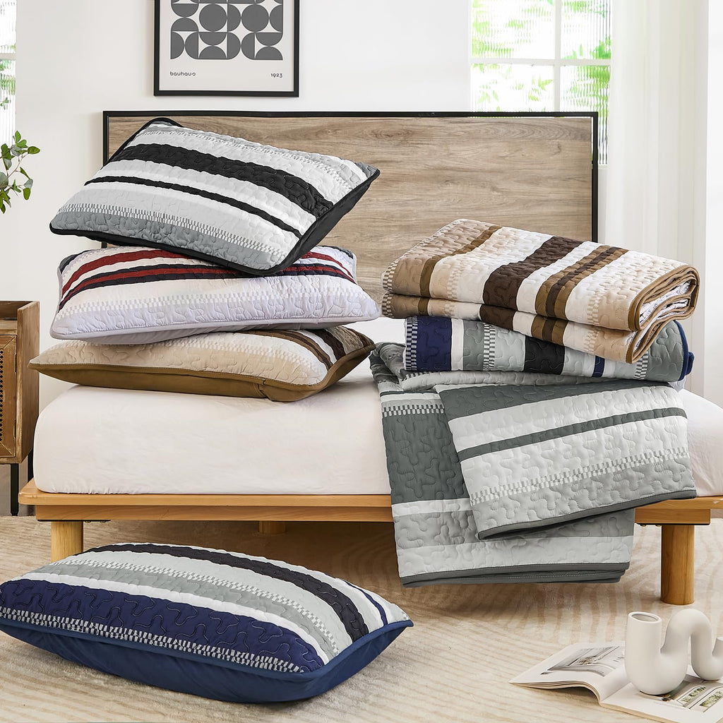 WONGS BEDDING Quilts Queen Size, Navy Blue Quilt Bedspread Bedding Set, Summer Queen Coverlet Sets with Shams, 3 Pieces Lightweight Striped Quilt for Bed(96"x 90")
