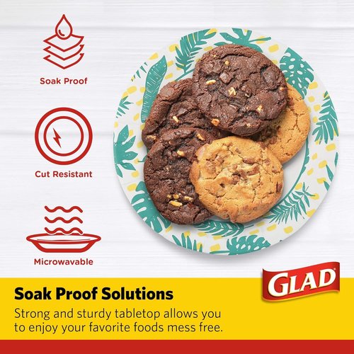 Glad Round Disposable Paper Plates, Palm Leaves Pattern - Strong, Sturdy, Soak Proof, and Microwavable Decorative Plates for Dinner and Everyday Use, 10 Inch, 50 Count - 2 Pack