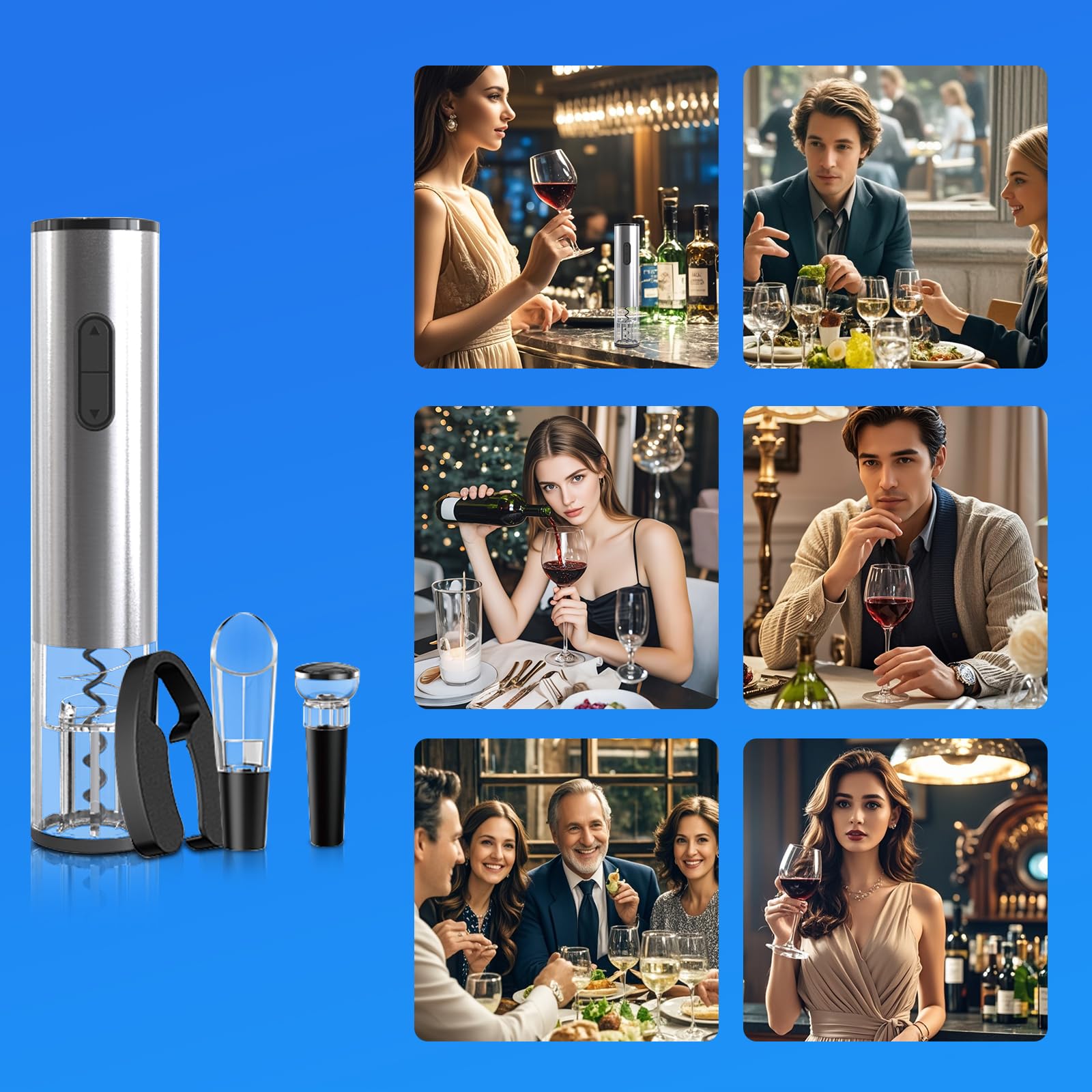 Liuzouwin5-in-1 ElectricWine Bottle Opener Set Battery Operated Reusable Corkscrew with Storage Base, Foil Cutter, Wine Pour& Wine Stopper (Silver)