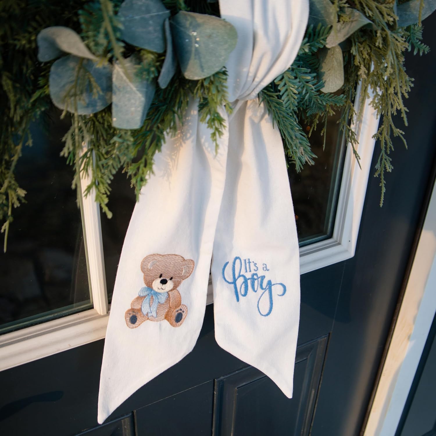 Regine Switzerland Wreath Sash - "It's a Boy" Embroidered Design, Quality White Linen | 56" L x 4.5" W Indoor/Outdoor Décor
