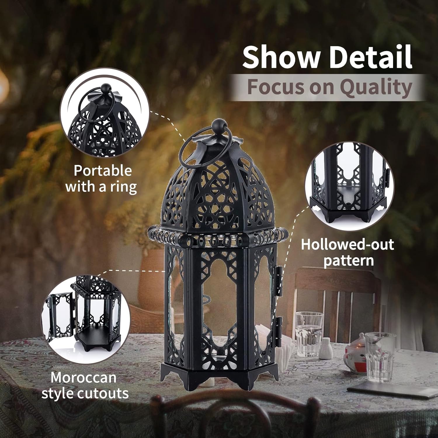 NUPTIO Moroccan Style Candle Lanterns - Small Tealight Holders with Glass Panels | Perfect for Events, Weddings & Patio Decor (2 Pcs, Black)