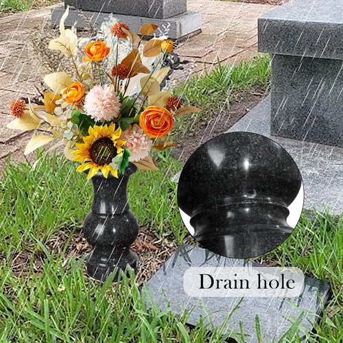 Cemetery Vase, Turned Round Granite Grave Vase Memorial Stone Vases with Draining Hole for Home Tabletop, Cemetery Flowers, Grave Headstone Decorations (1pc, Black)