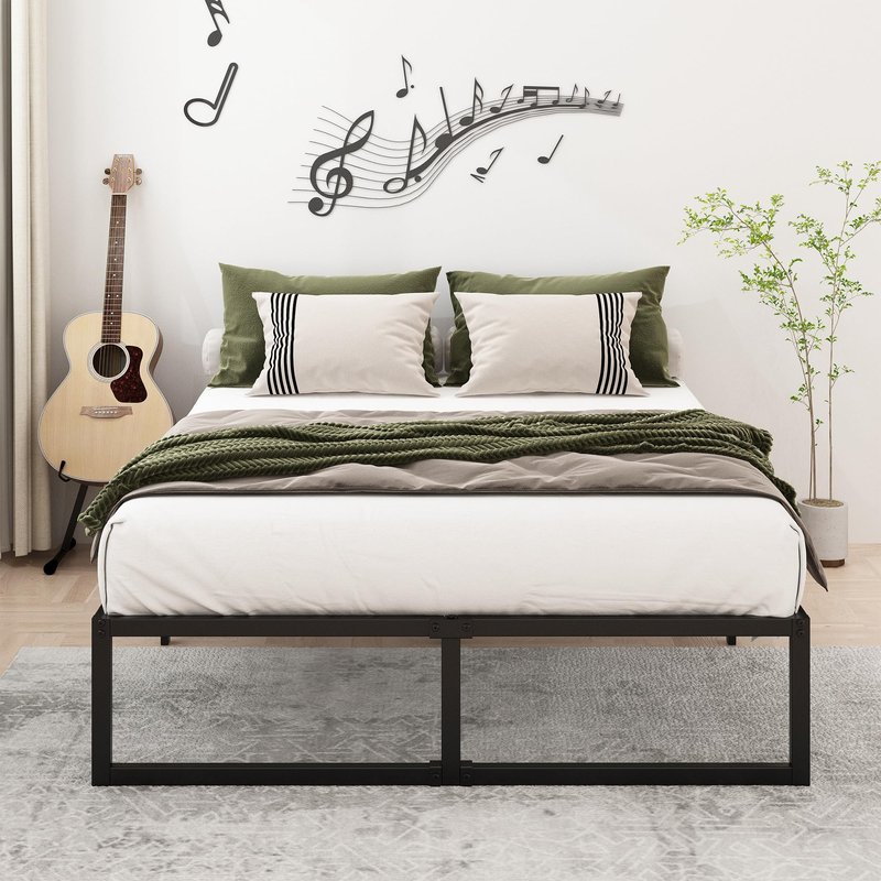 Lutown-Teen 14 Inch Queen Bed Frame Heavy Duty Steel Slat Support Metal Platform Bed Frame Queen Size No Box Spring Needed, Easy Assembly, Black