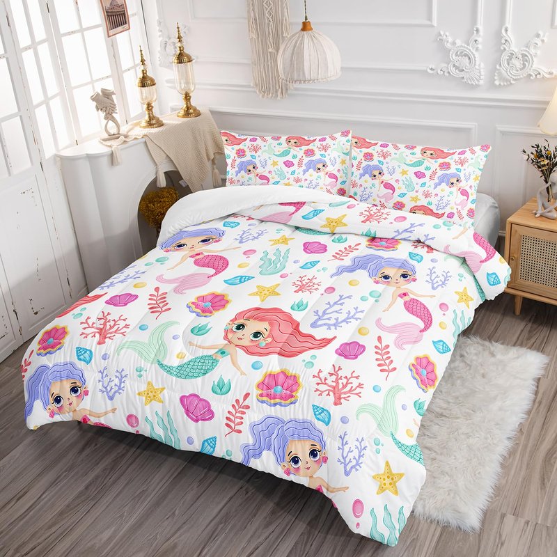 XYNHML Mermaid Comforter Set Twin Size Fairy Tale Sea Shell Grass Bedding Set Starfish Quilt Bed Set for Kid Girls with 1 Comforter and 2 Pillowcases