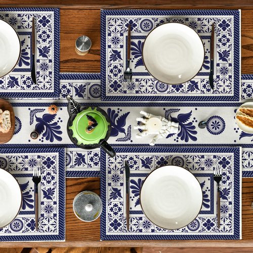 Artoid Mode Talavera Tiles Floral Phoenix Fiesta Mexican Placemats Set of 6, 12x18 Inch Seasonal Fall Holiday Table Mats for Party Kitchen Dining Decoration