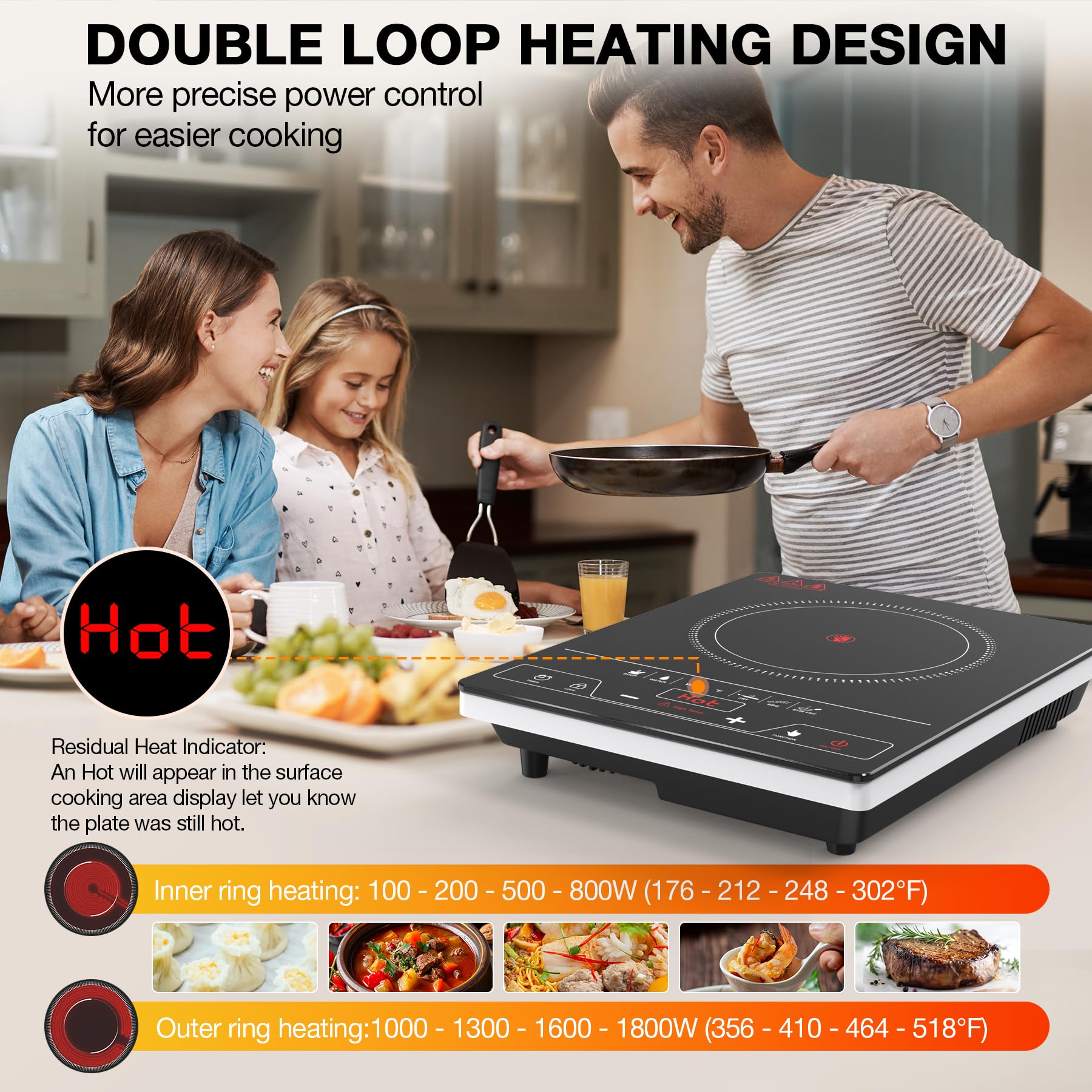 VBGK Single Burner Electric Cooktop,1800W Electric Stove Top Portable Cooktop LED Touch Control,8 Power Levels, Kids Lock