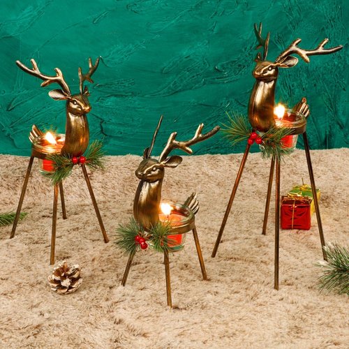 Juegoal Reindeer Tealight Candle Holders - Set of 3 Durable Iron Metal Christmas Decorations | Glass Votive Holders