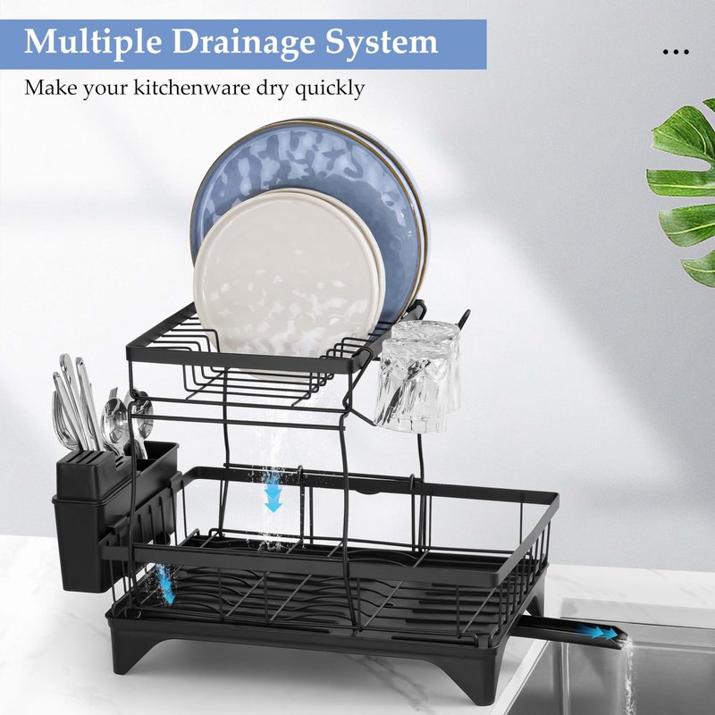 Herogo 2 Tiers Dish Drying Racks, Dish Drainers Racks with Drain Board for Kitchen Counter, Large Kitchenware Organizers with Utensil Cup Cutting Board Holder & Rotatable Spout, Detachable, Black