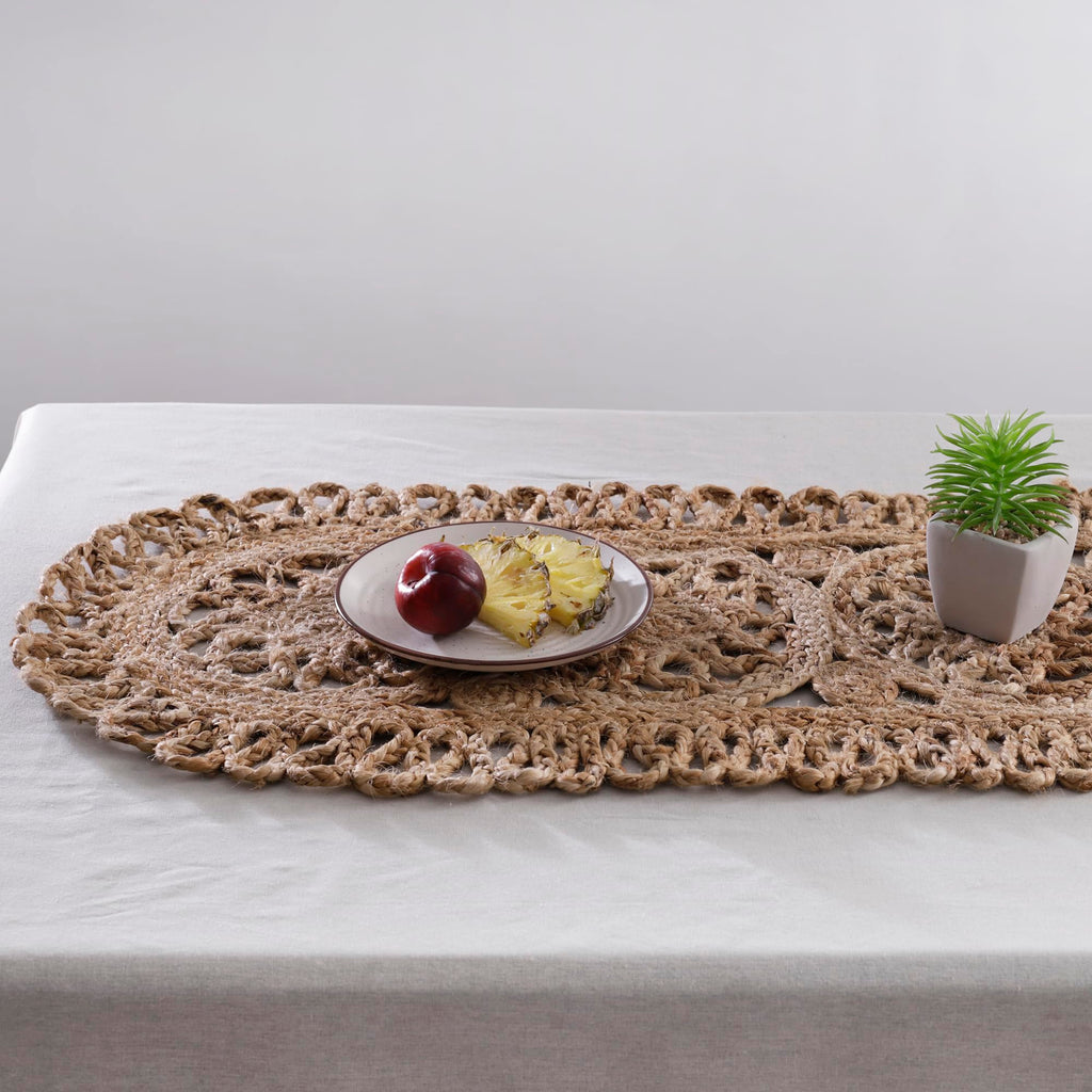 Madhu International Jute Table Runner - Rustic Handwoven Table Cover Made from Natural Jute Fiber - Intricate Boho Woven Mantelpiece for Office, Coffee Table, Dining Table, Hallway, Entryway - 13x72