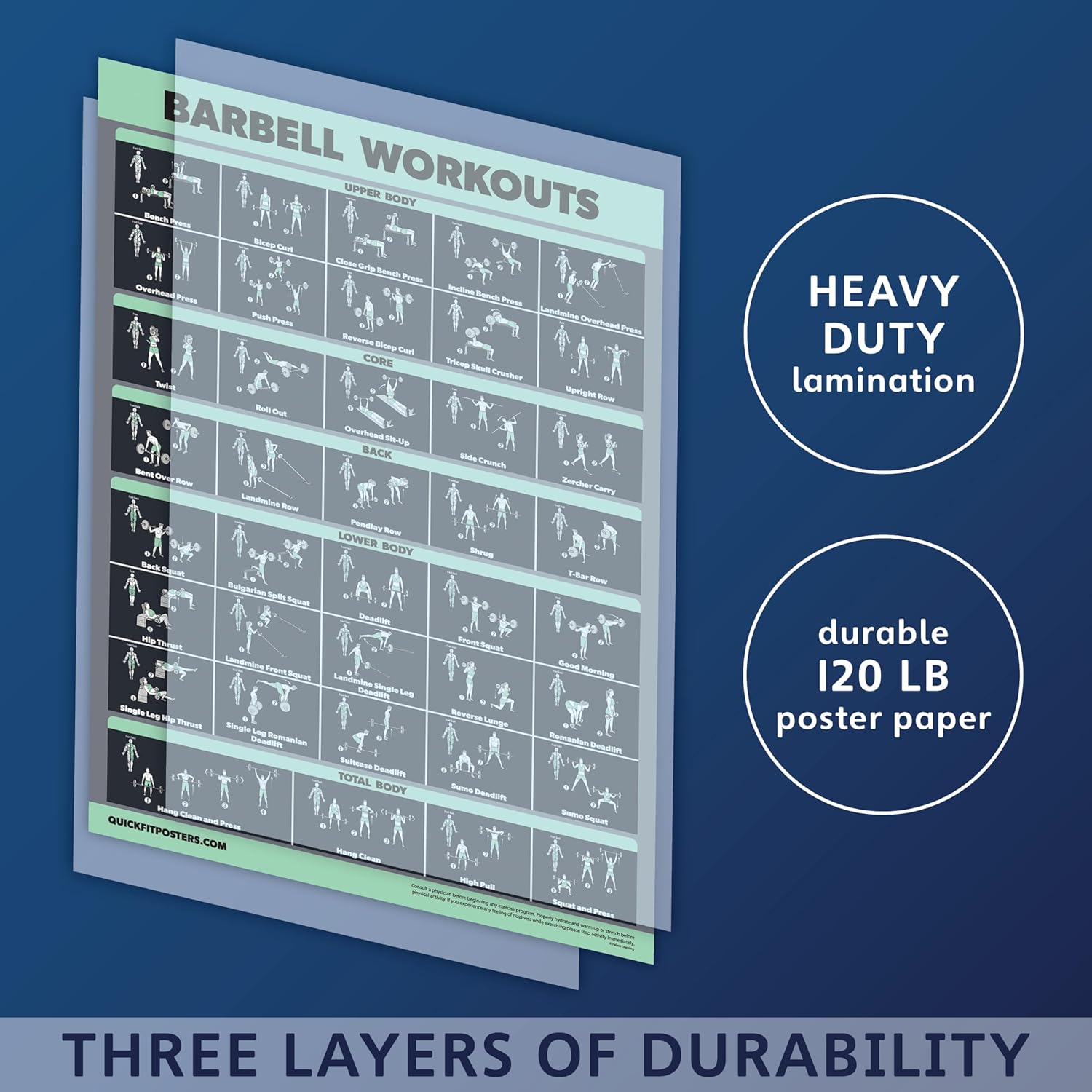 Palace Learning Dumbbell & Barbell Workout Poster Set - Laminated 2 Chart Set, 18” x 24”