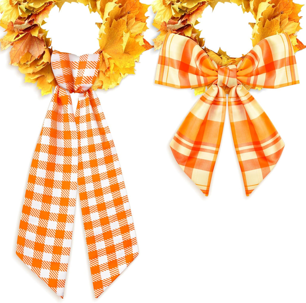 WATINC Wreath Sash - Autumn Orange 2-Piece Buffalo Check DIY Bow for Front Door Decor | Thanksgiving Satin Sash (56'' x 4.5'')