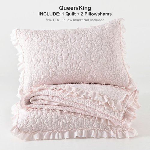 HORIMOTE HOME Pink Ruffled Quilt Queen Size, Stone-Washed Microfiber Lightweight Crinkled Farmhouse Rustic Shabby Chic Bedding Set, 3 Pieces Reversible Bedspread with Pillow Shams for All Season