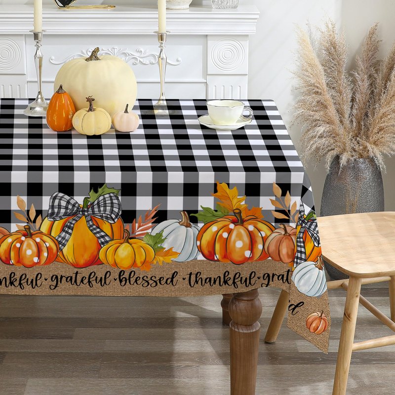 cusugbaso Fall Square Tablecloth 52x52 Inches, Black Plaid Pumpkins Fall Decorations for Home - Water Resistant Thanksgiving Table Cloth Rectangle for Party, Dinner, Indoor