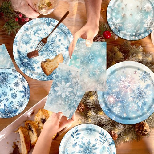 OGMOGKW Winter Wonderland Decorations Tableware,60pcs Blue Snowflake Paper Plates and Napkins Disposable Snowflake Party Decorations for Winter Holiday Party