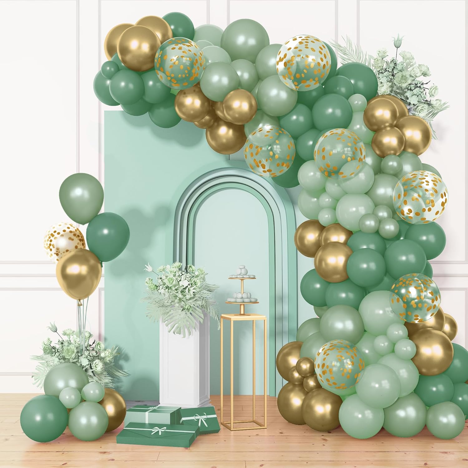 Skiennix 72Pcs Sage Green Balloon Set - 12" Latex & Pearl Metallic Gold Balloons for Parties